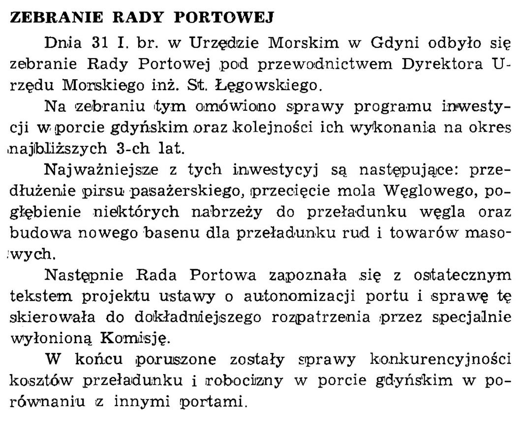 Zebranie Rady Portowej // Wiadomości Portowe. - 1939, z. 1/2, s. 19