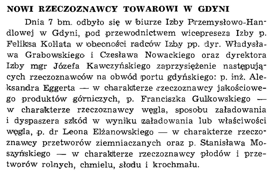 Nowi rzeczoznawcy towarowi w Gdyni // Wiadomości Portowe. - 1939, nr 1/2, s. 19