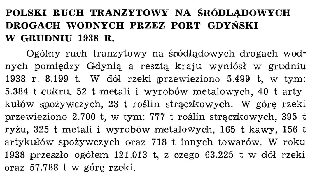 Polski ruch tranzytowy na śródlądowych drogach wodnych przez port gdyński w grudniu 1938 r. // Wiadomości Portowe. - 1939, nr 1/2, s. 21