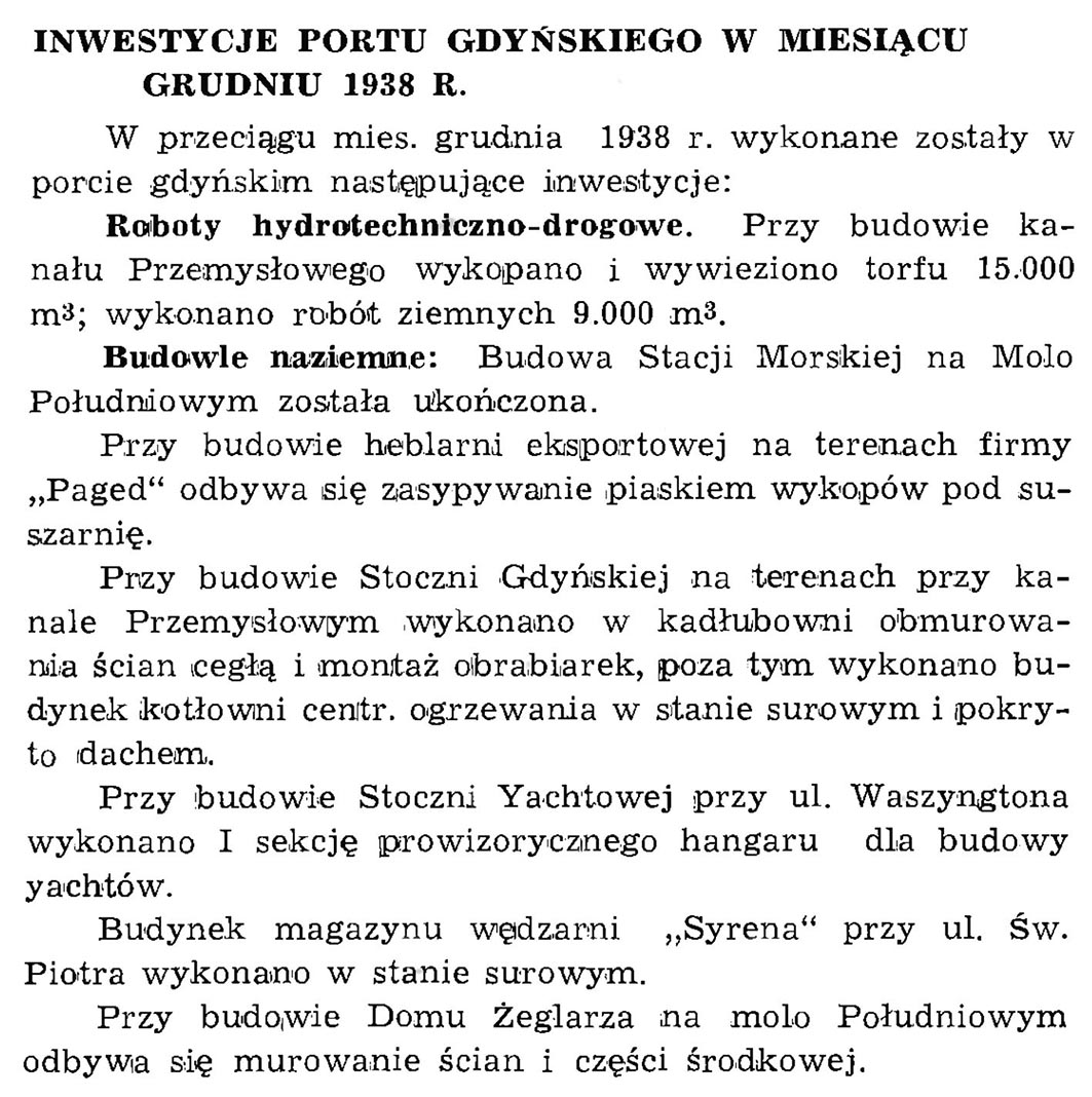 Inwestycje portu gdyńskiego w miesiącu grudniu 1938 r. // Wiadomości Portowe. - 1939, nr 1/2, s. 21