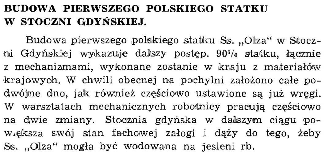 Budowa pierwszego polskiego statku w Stoczni Gdyńskiej // Wiadomości Portowe. - 1939, nr 1/2, s. 22 
