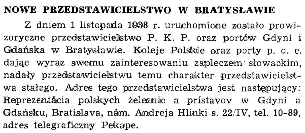 Nowe przedstawicielstwo w Bratysławie // Wiadomości Portowe. - 1939, nr 1/2, s. 23