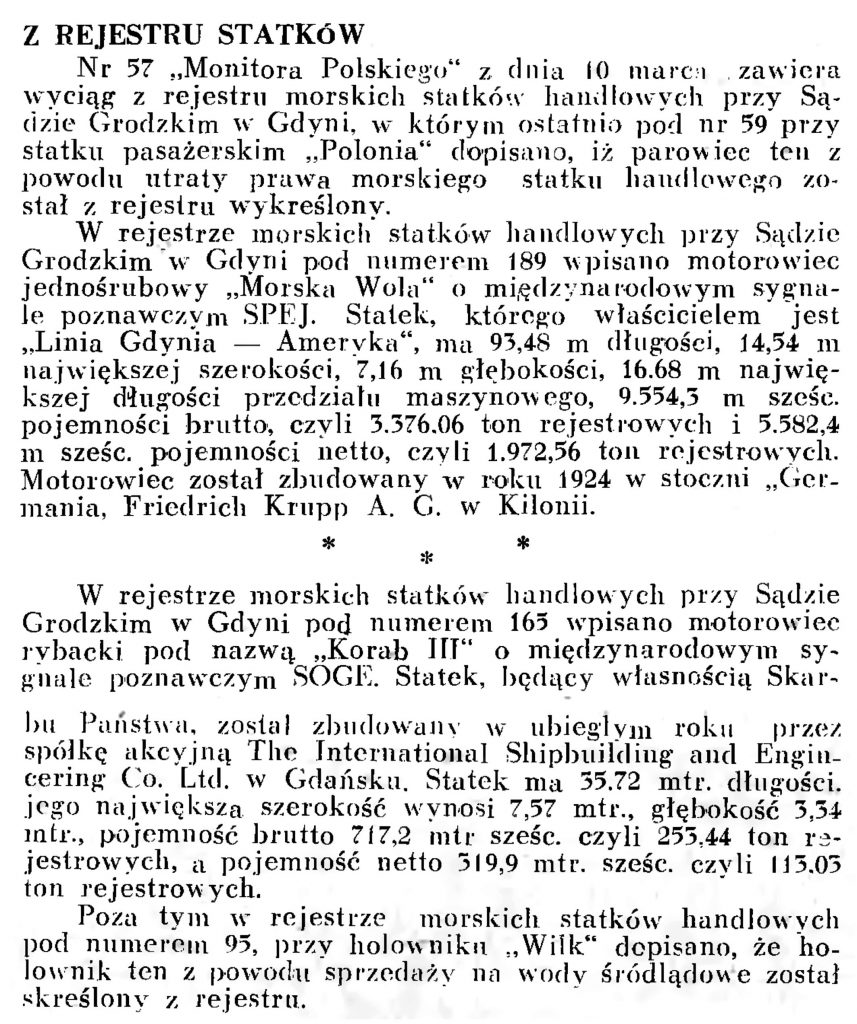 Z rejestru statków // Wiadomości Portowe. - 1939, nr 3, s. 9