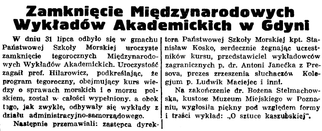 Zamknięcie Międzynarodowych Wykładów Akademickich w Gdyni // Gazeta Gdańska. - 1936, nr 175, s. 5