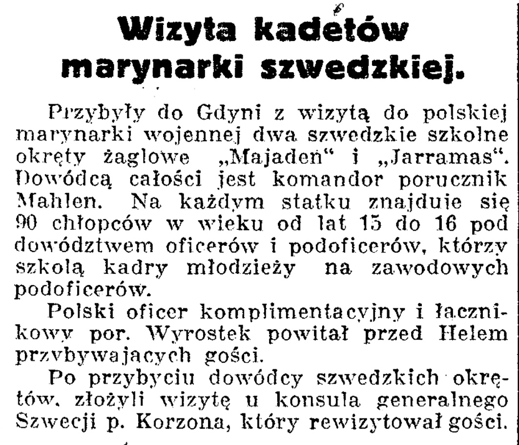 Wizyta kadetów marynarki szwedzkiej // Dziennik Bałtycki. - 1936, nr 148, s. 7