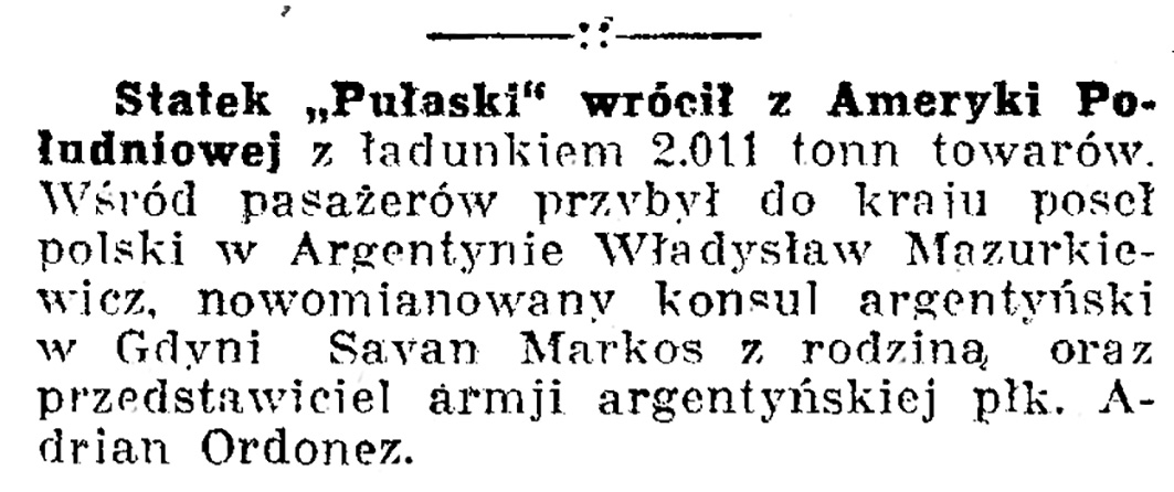 Statek "Pułaski" wrócił z Ameryki Południowej // Dziennik Bydgoski. - 1936, nr 148, s. 7