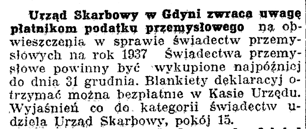 Urząd Skarbowy w Gdyni zwraca uwagę płatnikom podatku przemysłowego // Dziennik Bydgoski. - 1936, nr 280, s. 4