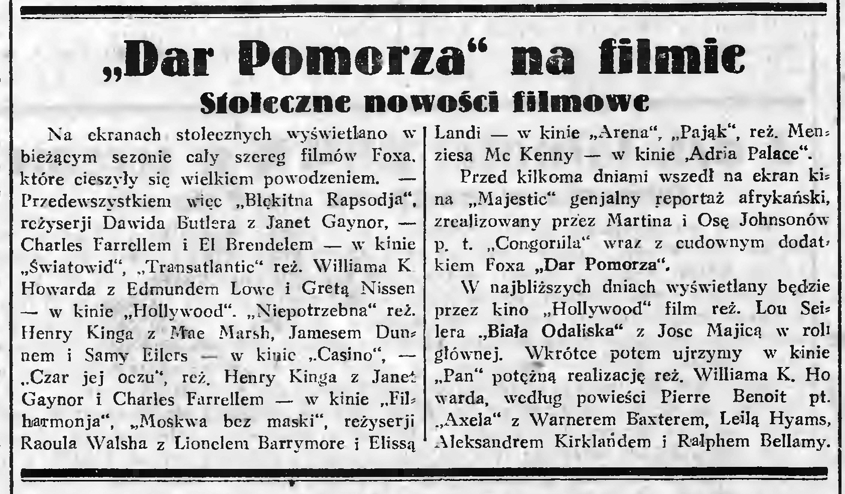 "Dar Pomorza" na filmie. Stołeczne nowości filmowe // Gazeta Gdańska. - 1933, nr 4, s. 4