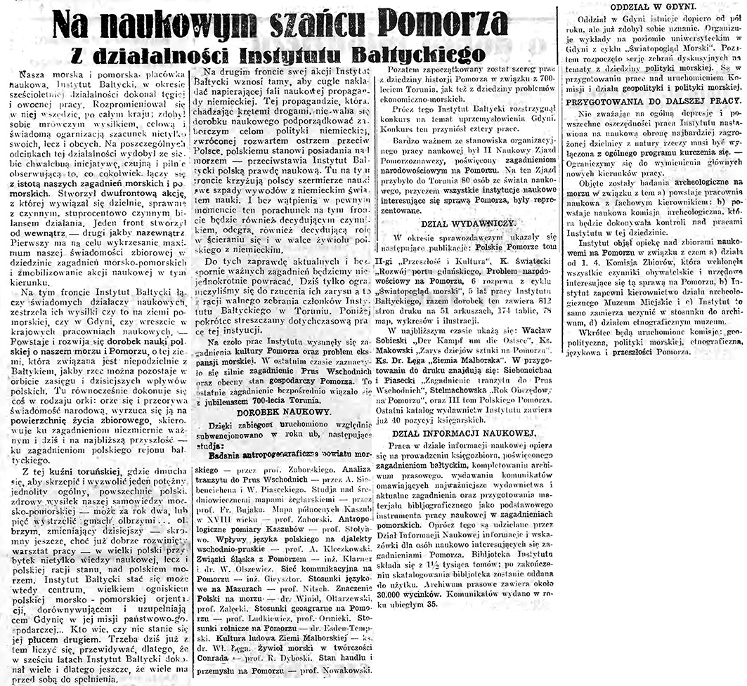 Na naukowym szańcu Pomorza. Z działalności Instytutu Bałtyckiego // Gazeta Gdańska. - 1932, nr 123, s, 5