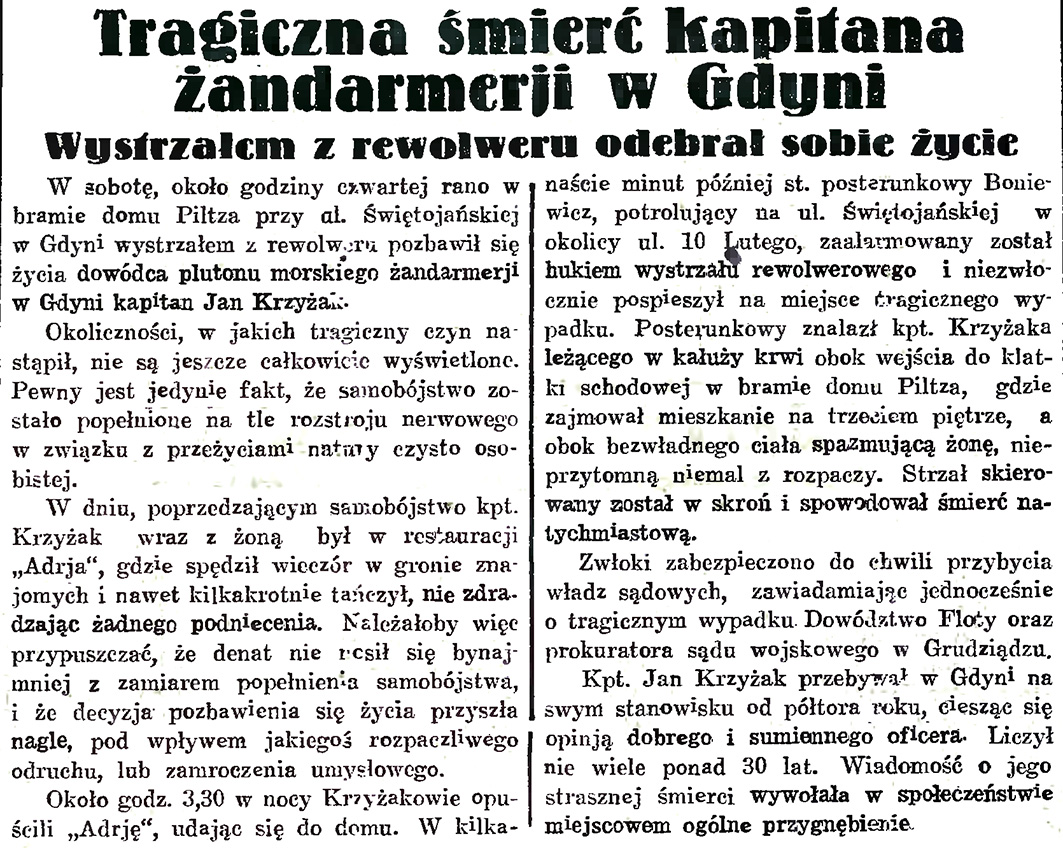 Tragiczna śmierć kapitana żandarmerii w Gdyni. Wystrzałem z rewolweru odebrał sobie życie // Gazeta Gdańska. - 1933, nr 101, s. 6