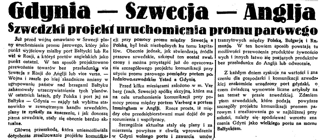 Gdynia - Szwecja - Anglja. Szwedzki projekt uruchomienia promu parowego // Gazeta Gdańska. - 1933, nr 121, s. 3