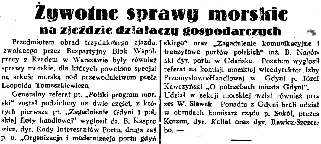 Żywotne sprawy morskie na zjeździe działaczy gospodarczych // Gazeta Gdańska. - 1933, nr 121, s. 3
