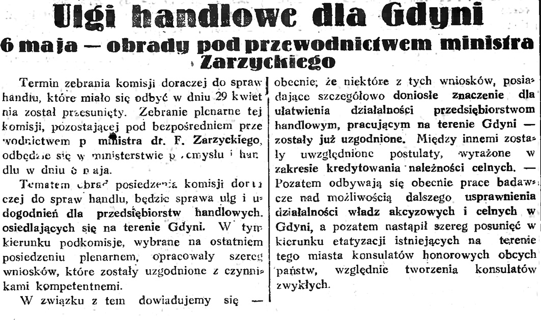 Ulgi handlowe dla Gdyni. 6 maja - obrady pod przewodnictwem ministra Zarzyckiego // Gazeta Gdańska. - 1933, nr 99, s. 3