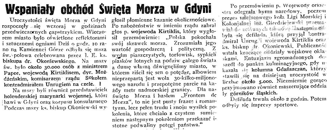 Wspaniały obchód Święta Morza w Gdyni // Gazeta Gdańska. - 1934, nr 144, s. 1