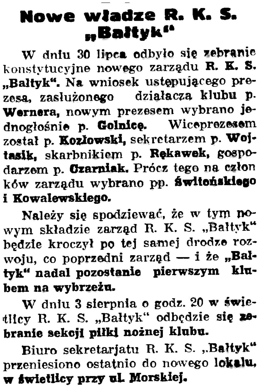 Nowe władze R. K. S. "Bałtyk" // Gazeta Gdańska. - 1936, nr 175, s. 5