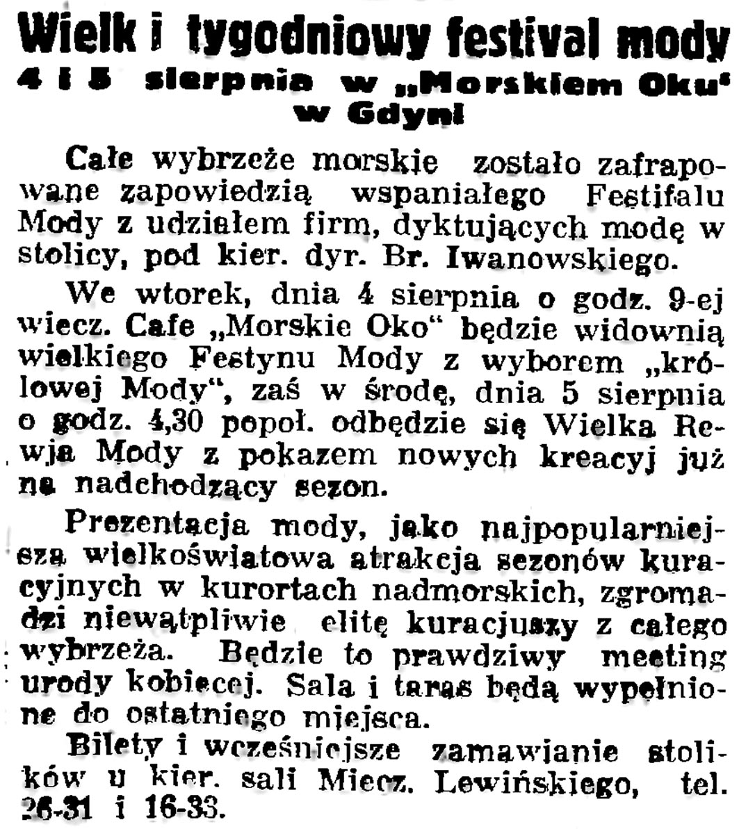 Wielki tygodniowy festival mody 4 i 5 sierpnia w "Morskim Oku" w Gdyni // Gazeta Gdańska. - 1936, nr 175, s. 5