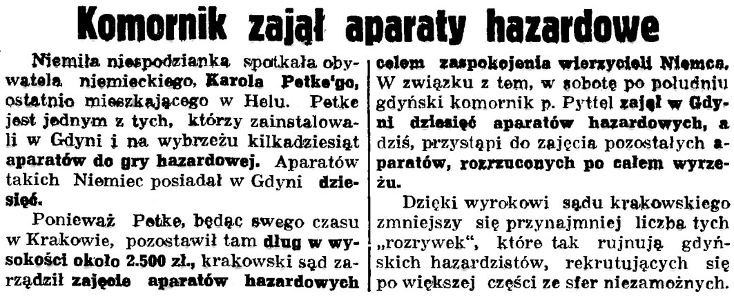 Komornik zajął aparaty hazardowe // Gazeta Gdańska. - 1936, nr 175, s. 5