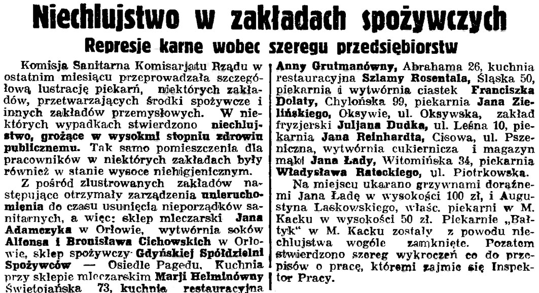 Niechlujstwo w zakładach spożywczych. Represje karne wobec szeregu przedsiębiorstw // Gazeta Gdańska. - 1936, nr 175, s. 5