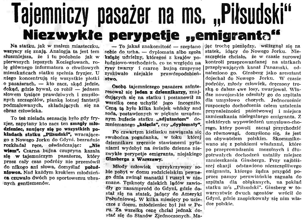 Tajemniczy pasażer na ms. "Piłsudski". Niezwykłe perypetie "emigranta" // Gazeta Gdańska. - 1936, nr 77, s. 7
