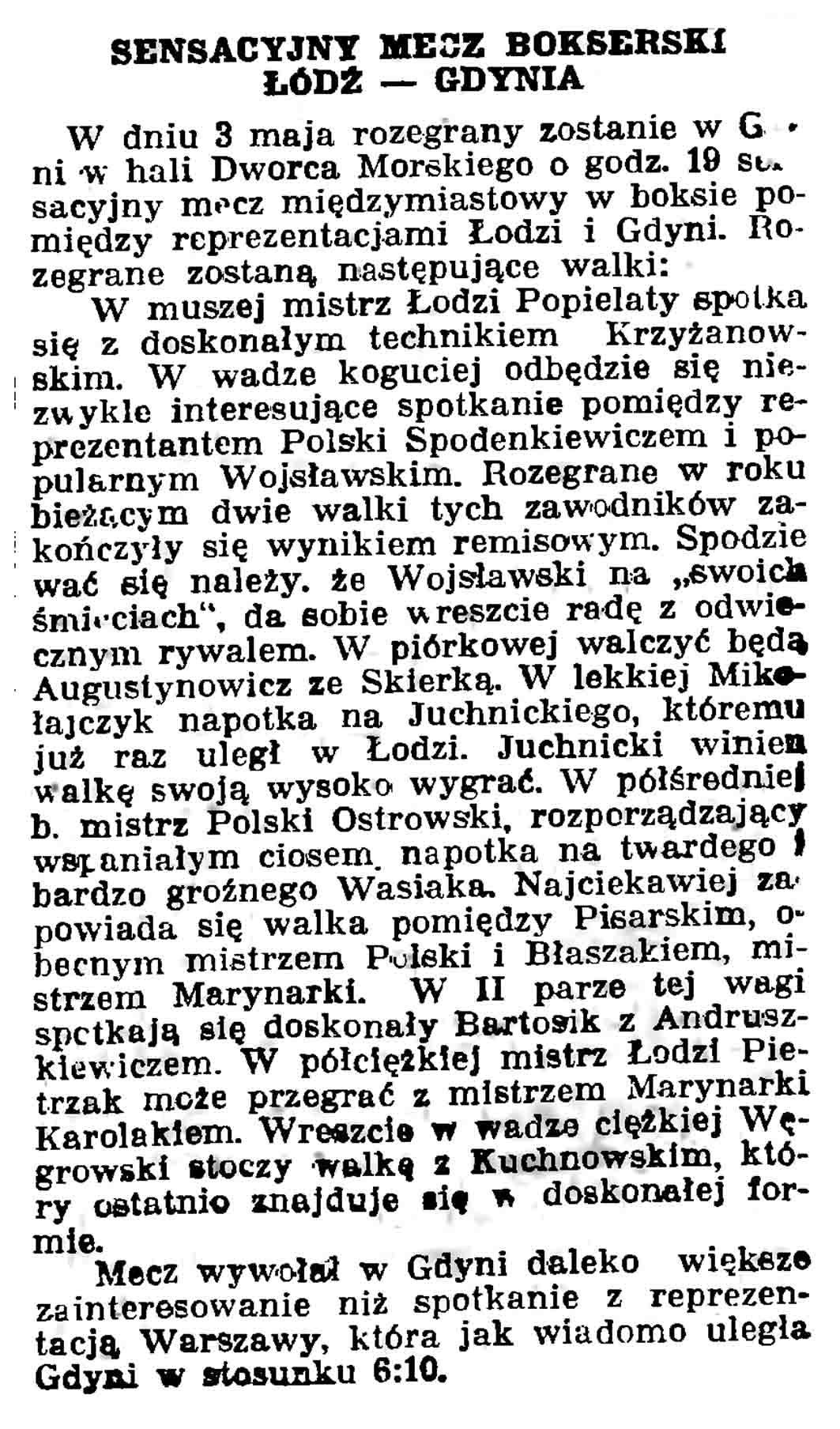 Sensacyjny mecz bokserski Łódź - Gdynia // Gazeta Gdańska. - 1937, nr 100, s. 9