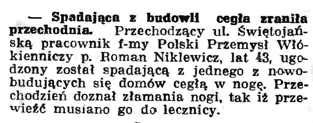 Spadająca z budowli cegła zraniła przechodnia // Gazeta Gdańska. - 1937, nr 104, s. 6