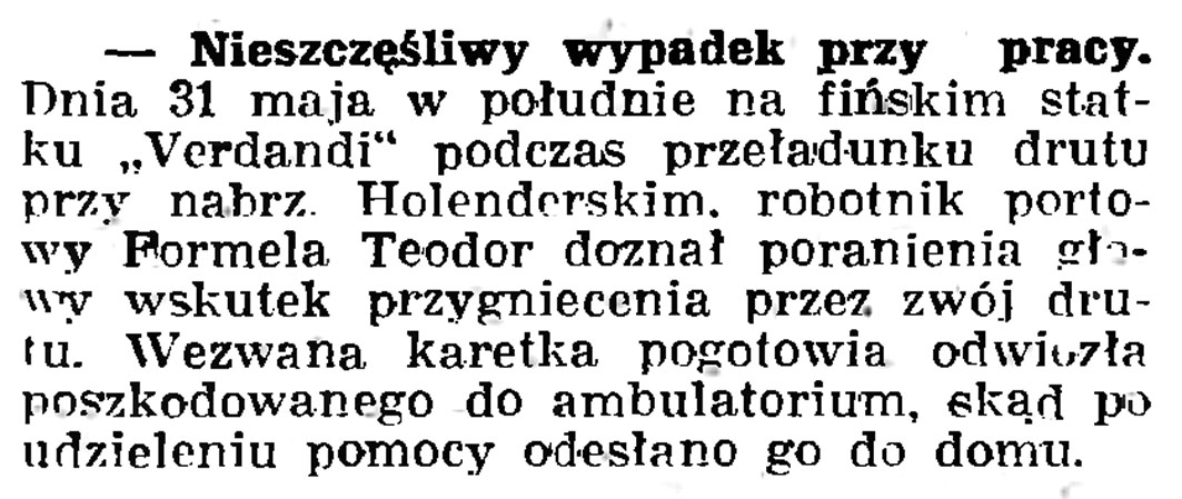 Nieszczęśliwy wypadek przy pracy // Gazeta Gdańska. - 1937, nr 123, s. 8