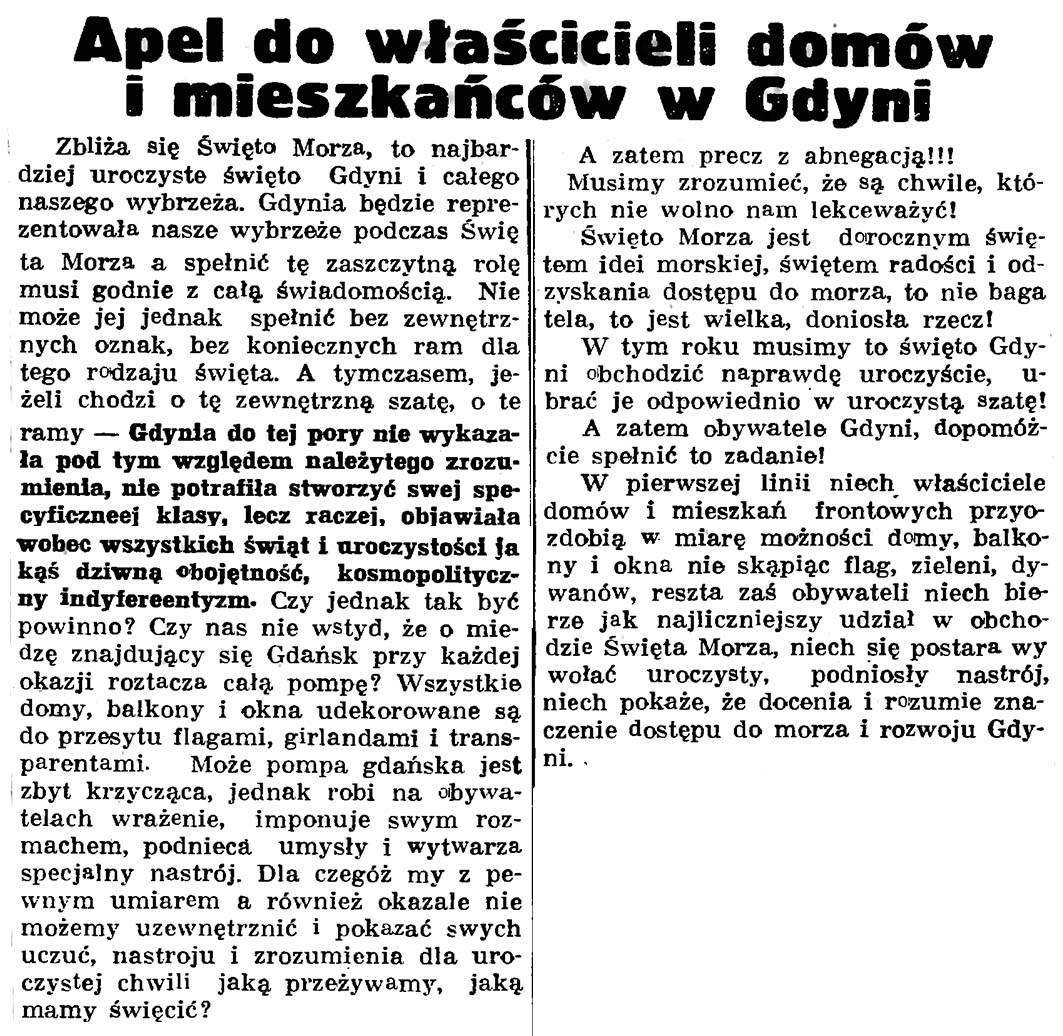 Apel do właścicieli domów i mieszkańców w Gdyni // Gazeta Gdańska. - 1937, nr 150, s. 10