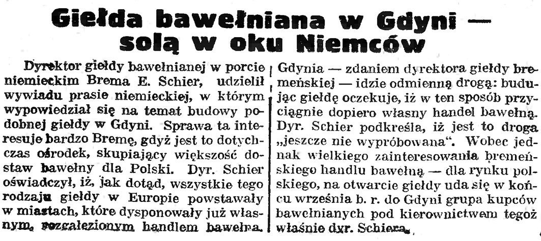 Giełda bawełniana w Gdyni - solą w oku Niemców // Gazeta Gdańska. - 1936, nr 185, s. 5