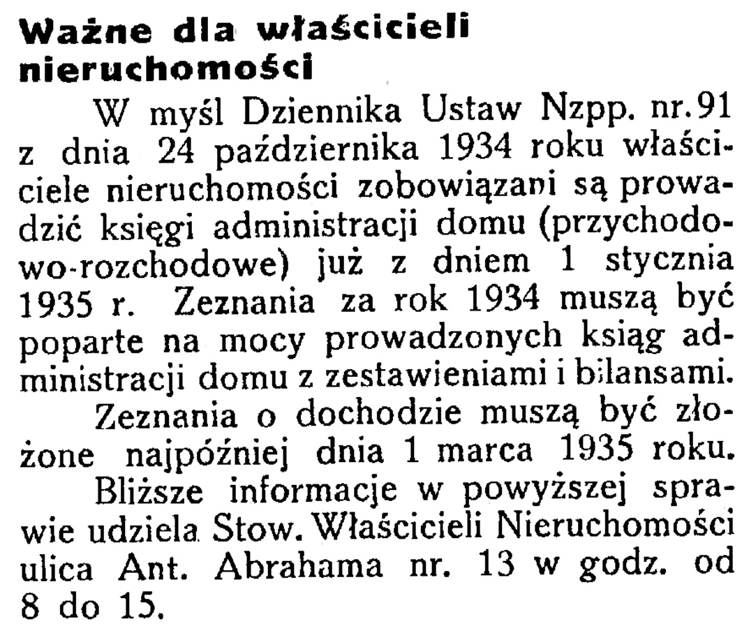 Ważne dla właścicieli nieruchomości // Latarnia Morska. - 1934, nr 46, s. 10