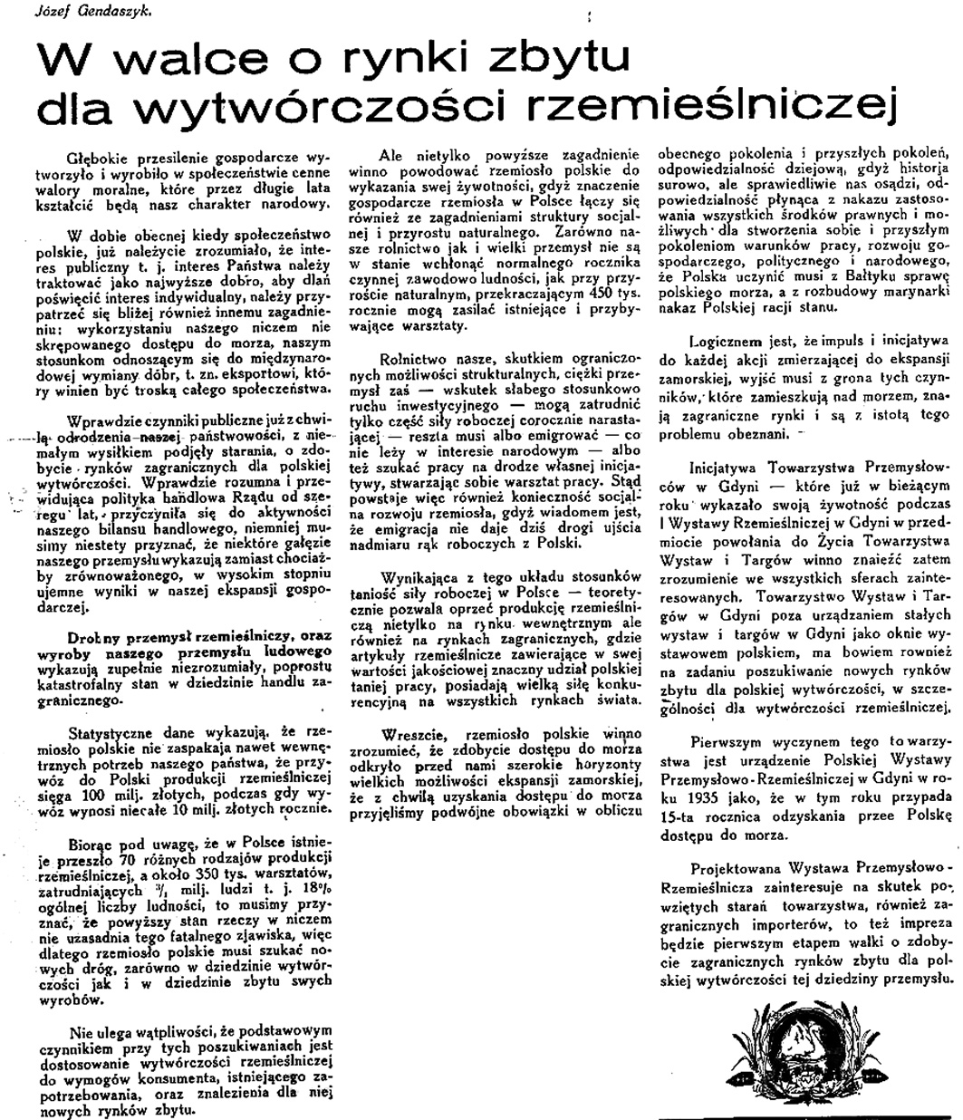 W walce o rynki zbytu dla wytwórczości rzemieślniczej / Józef Gendaszyk // Latarnia Morska. - 1934, nr 46, s. 2