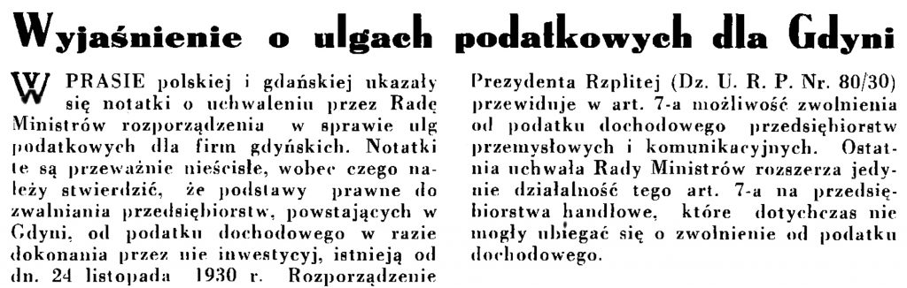 Wyjaśnienie o ulgach podatkowych dla Gdyni // Wiadomości Portu Gdyńskiego. - 1935, nr 1, s. 13