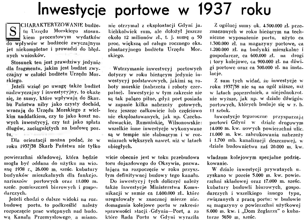 Inwestycje portowe w 1937 roku // Wiadomości Portu Gdyńskiego. - 1937, nr 12, s. 13-14