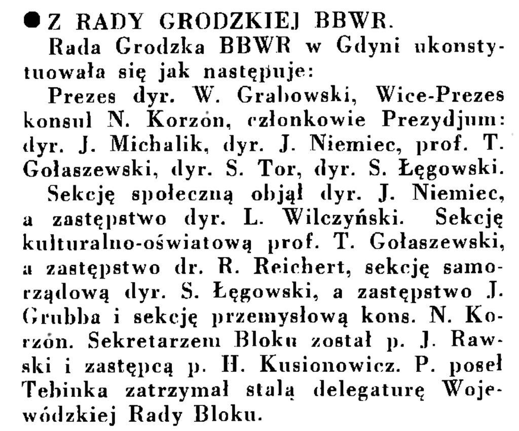 Z Rady Grodzkiej BBWR // Wiadomości Portu Gdyńskiego. - 1935, nr 1, s. 13