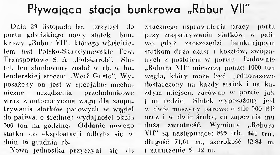 Pływająca stacja bunkrowa "Robur VII" // Wiadomości Portu Gdyńskiego. - 1937, nr 12, s. 14