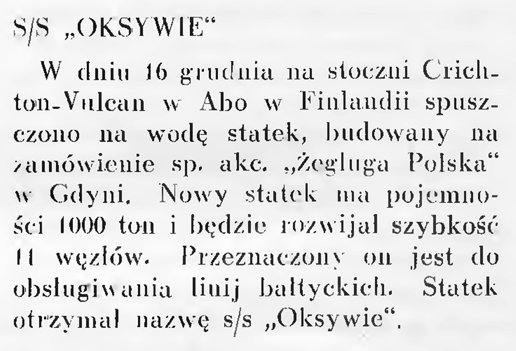 S/S "Oksywie" // Wiadomości Portu Gdyńskiego. - 1937, nr 12, s. 16