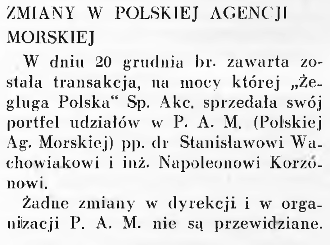 Zmiany w Polskiej Agencji Morskiej // Wiadomości Portu Gdyńskiego. - 1937, nr 12, s. 16