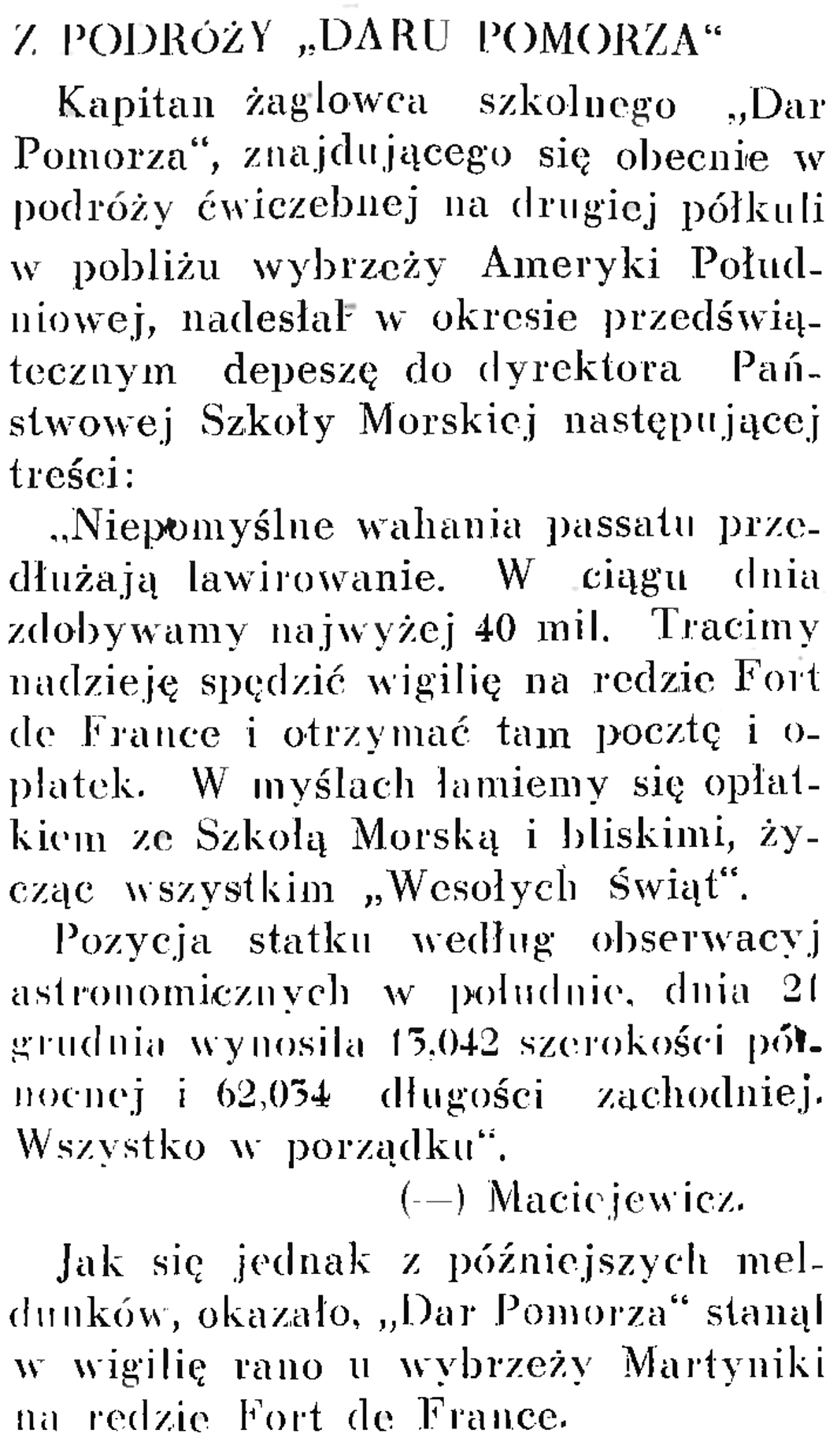 Z podróży "Daru Pomorza" // Wiadomości Portu Gdyńskiego. - 1937, nr 12, s. 17