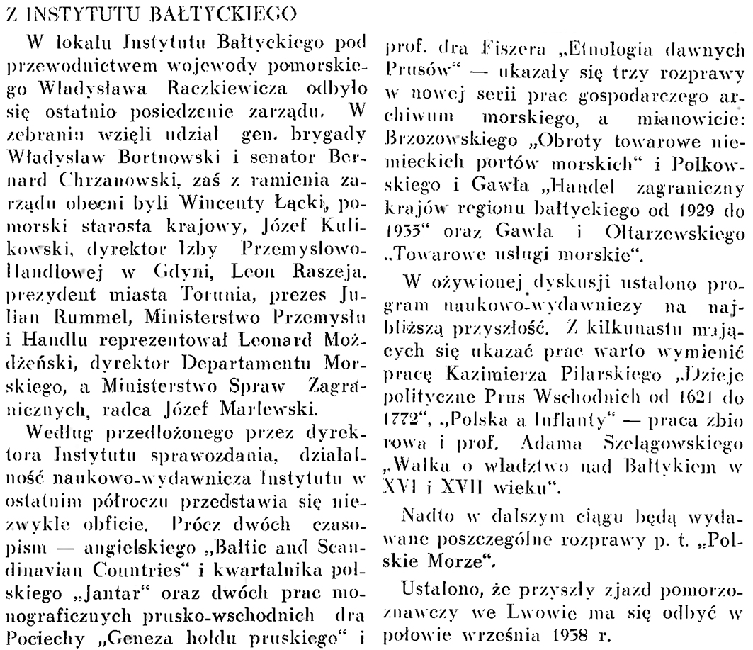 Z Instytutu Bałtyckiego // Wiadomości Portu Gdyńskiego. - 1937, nr 12, s. 17