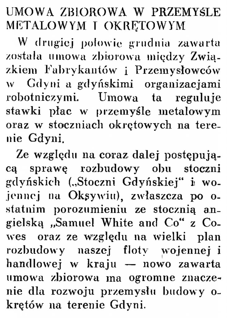 Umowa zbiorowa w przemyśle metalowym i okrętowym // Wiadomości Portu Gdyńskiego. - 1937, nr 12, s. 18 