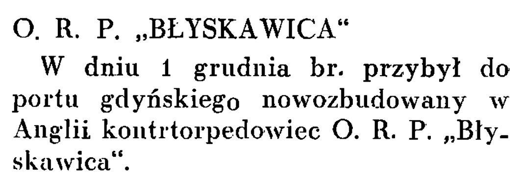 O. R. P. "Błyskawica" // Wiadomości Portu Gdyńskiego. - 1937, nr 12, s. 18