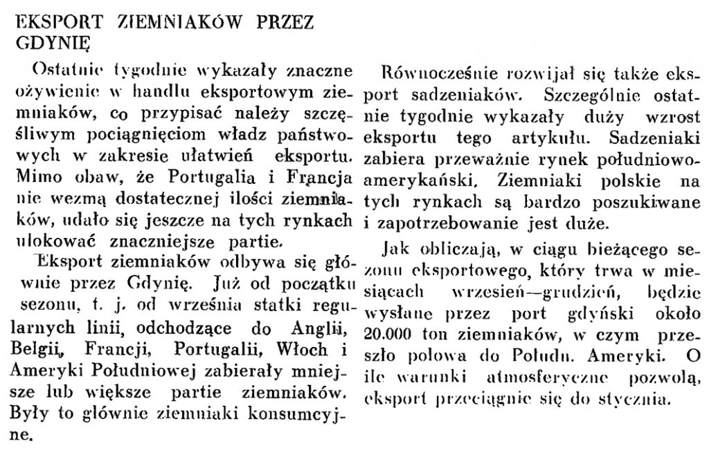 Eksport ziemniaków przez Gdynię // Wiadomości Portu Gdyńskiego. - 1937, nr 12, s. 18