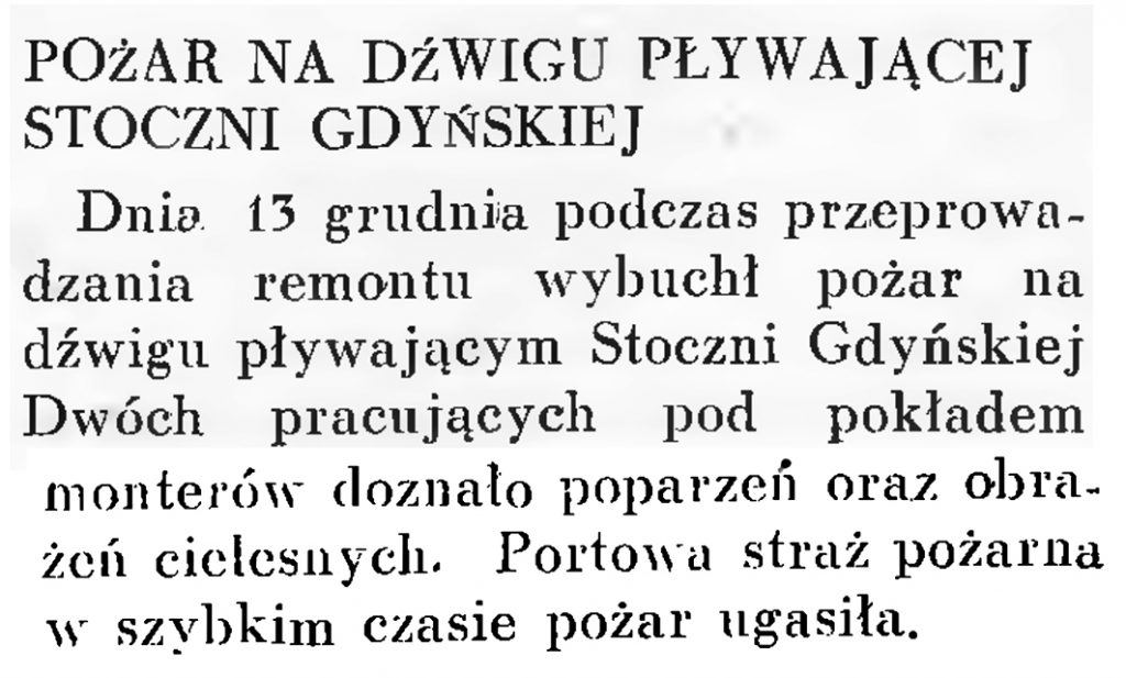 Pożar na dźwigu pływającej Stoczni Gdyńskiej // Wiadomości Portu Gdyńskiego. - 1937, nr 12, s. 19-20