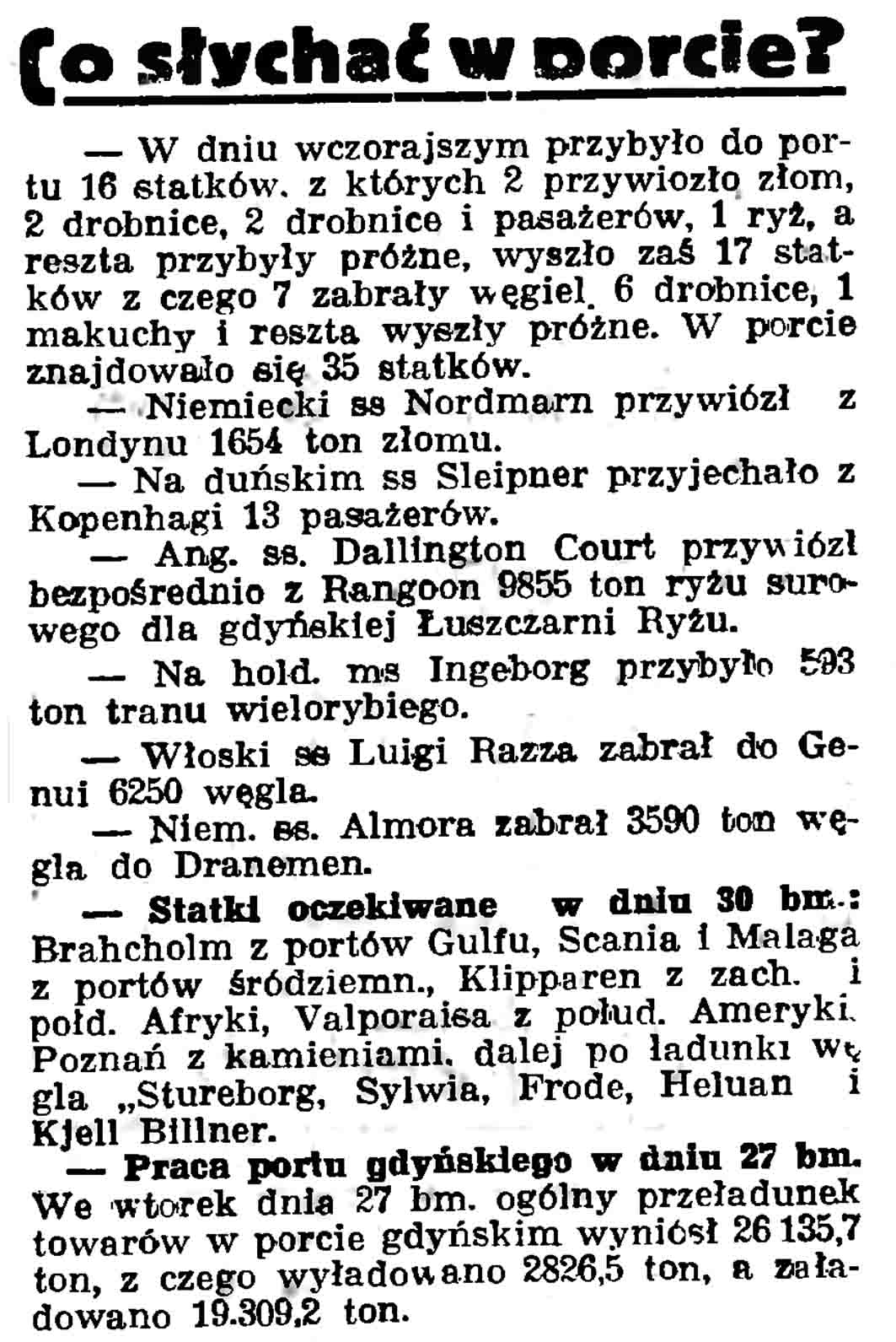 Co słychać w porcie? // Gazeta Gdańska. - 1937, nr 100, s. 9