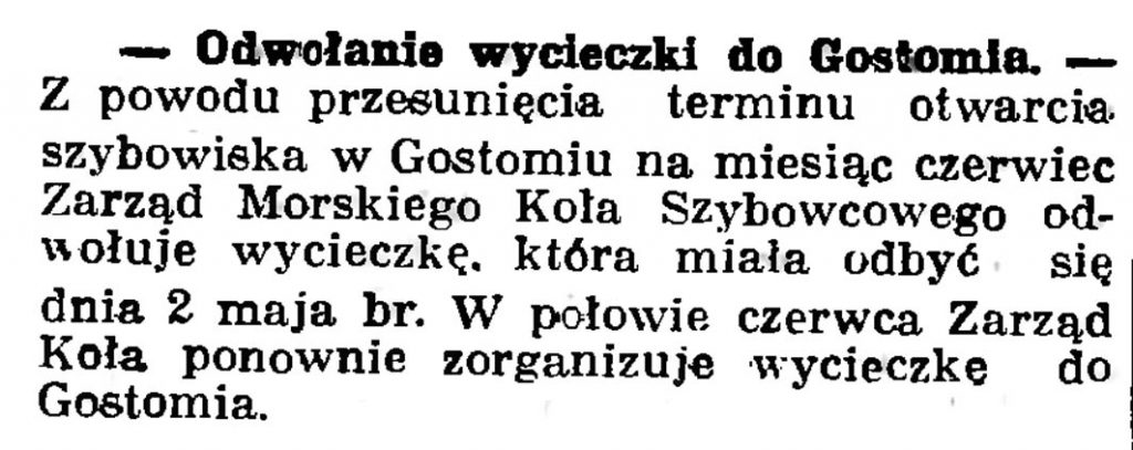Odwołanie wycieczki do Gostomia // Gazeta Gdańska. - 1937, nr 100, s. 8 