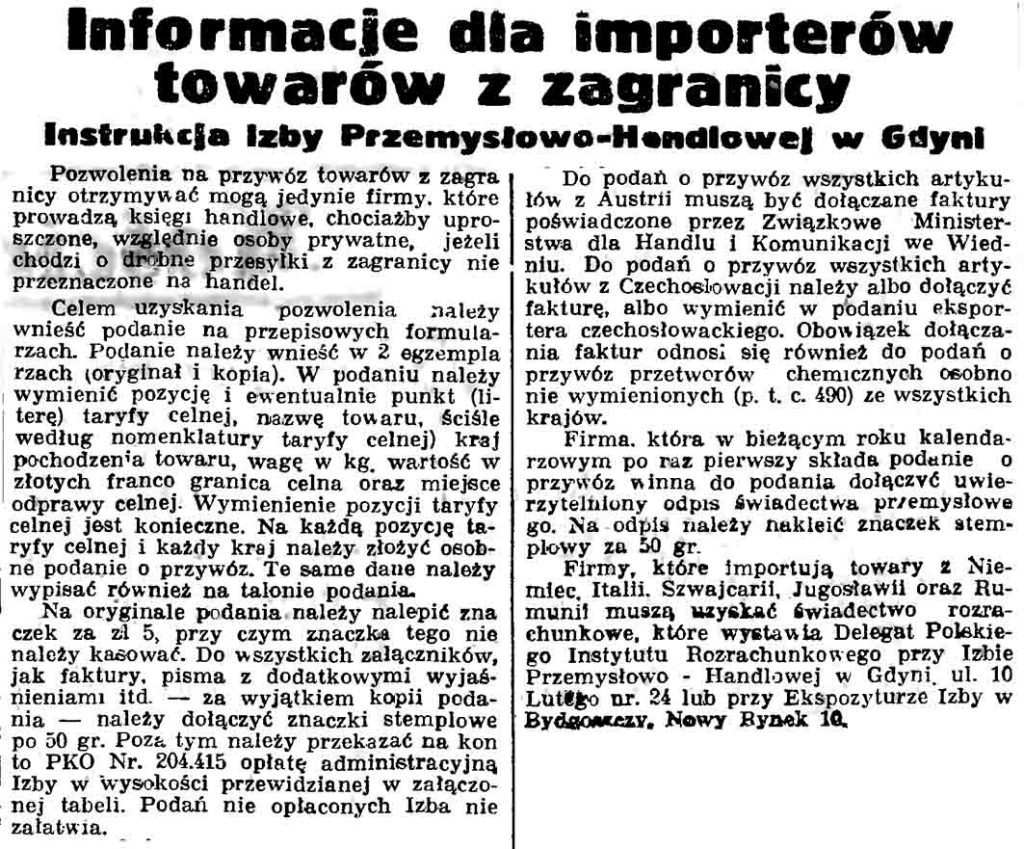 Informacje dla importerów towarów z zagranicy. Instrukcja Izby Przemysłowo-Handlowej w Gdyni // Gazeta Gdańska. - 1937, nr 100, s. 9