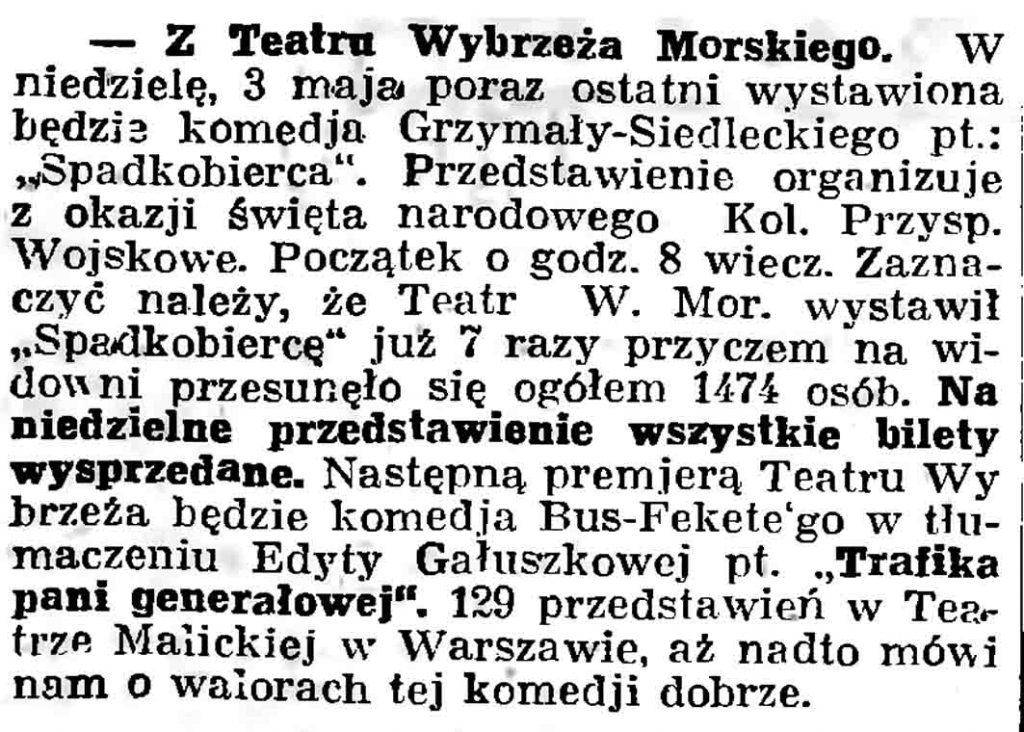 Z Teatru Wybrzeża Morskiego // Gazeta Gdańska. - 1937, nr 101, s. 13