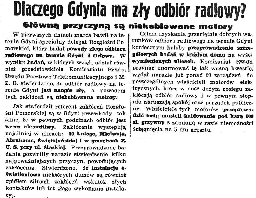Dlaczego Gdynia ma zły odbiór radiowy? Główną przyczyną są nieokablowane motory // Gazeta Gdańska. - 1937, nr 104, s. 6