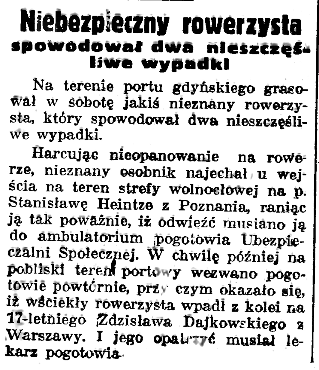 Niebezpieczny rowerzysta spowodował dwa nieszczęśliwe wypadki // Gazeta Gdańska. - 1937, nr 151, s. 6