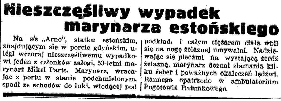 Nieszczęśliwy wypadek marynarza estońskiego // Gazeta Gdańska. - 1937, nr 151, s. 6