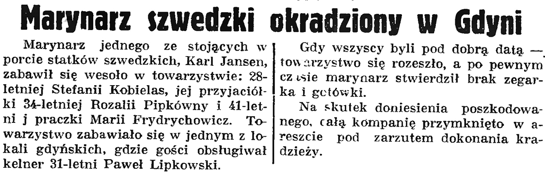 Marynarz szwedzki okradziony w Gdyni // Gazeta Gdańska. - 1937, nr 152, s. 8